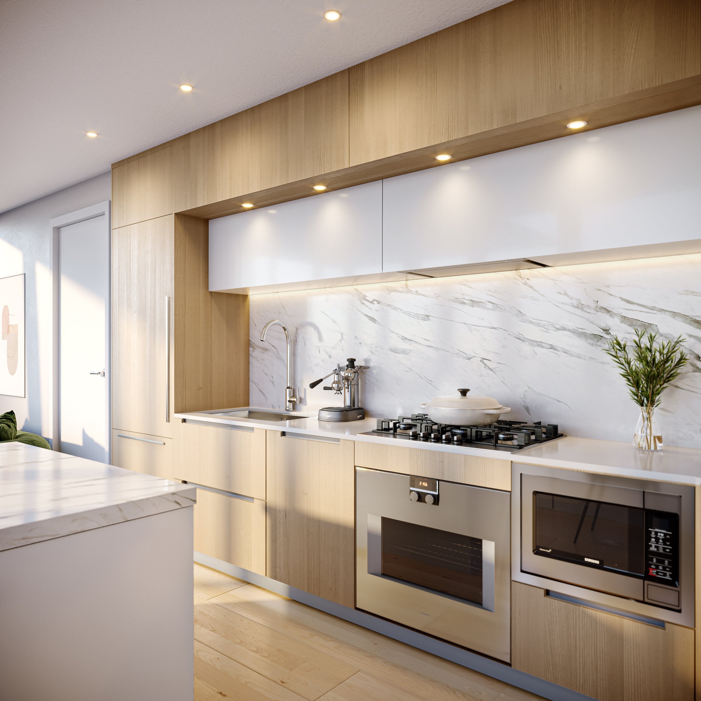 Italia in South Granville by Solterra Development. Italian inspired kitchen in the Amalfi colour scheme.