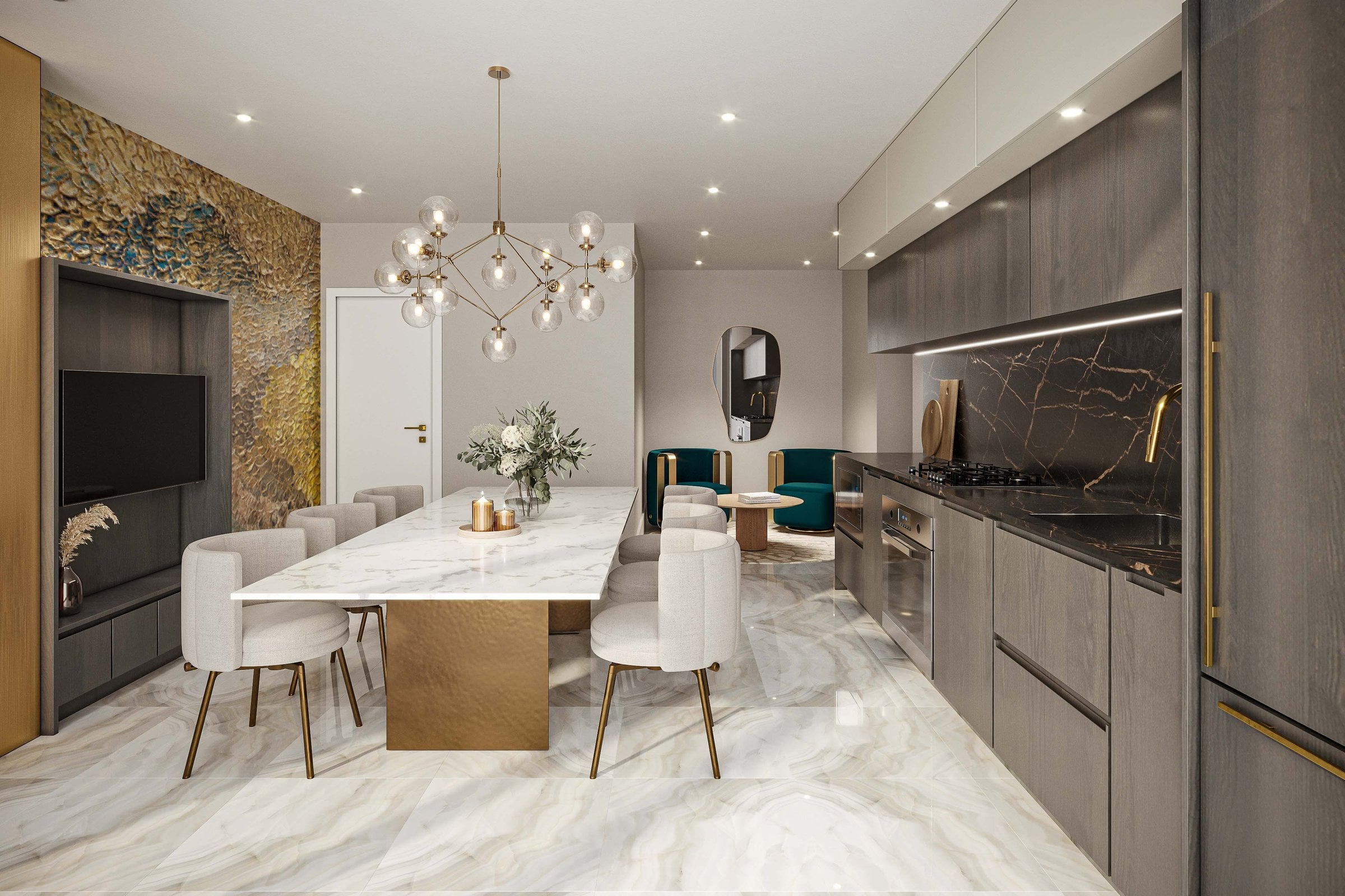 Italia in South Granville by Solterra Development. Salotto e Cucine amenity kitchen and sitting room.