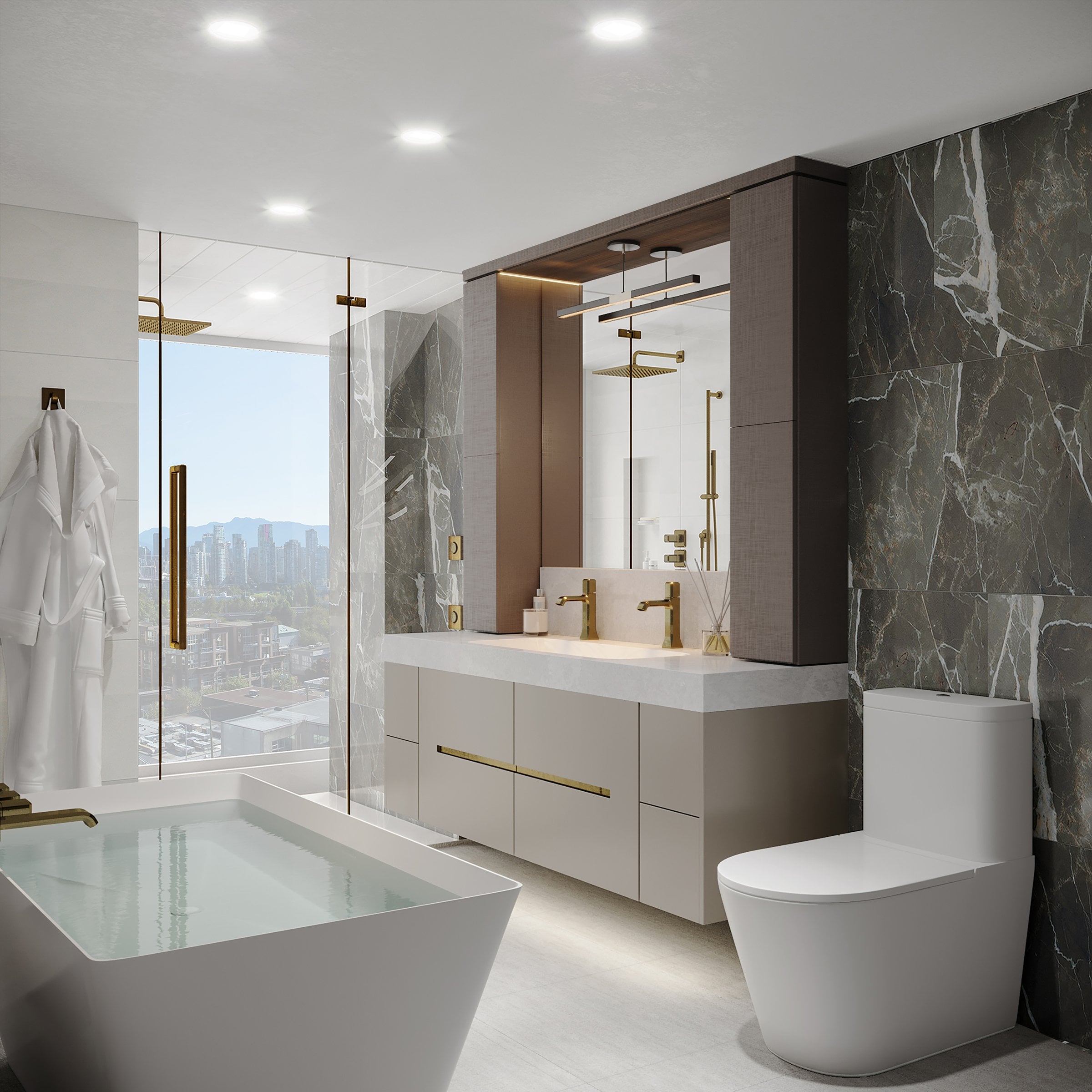 Italia in South Granville by Solterra Development. Italian inspired ensuite bathroom in the Firenze colour scheme.